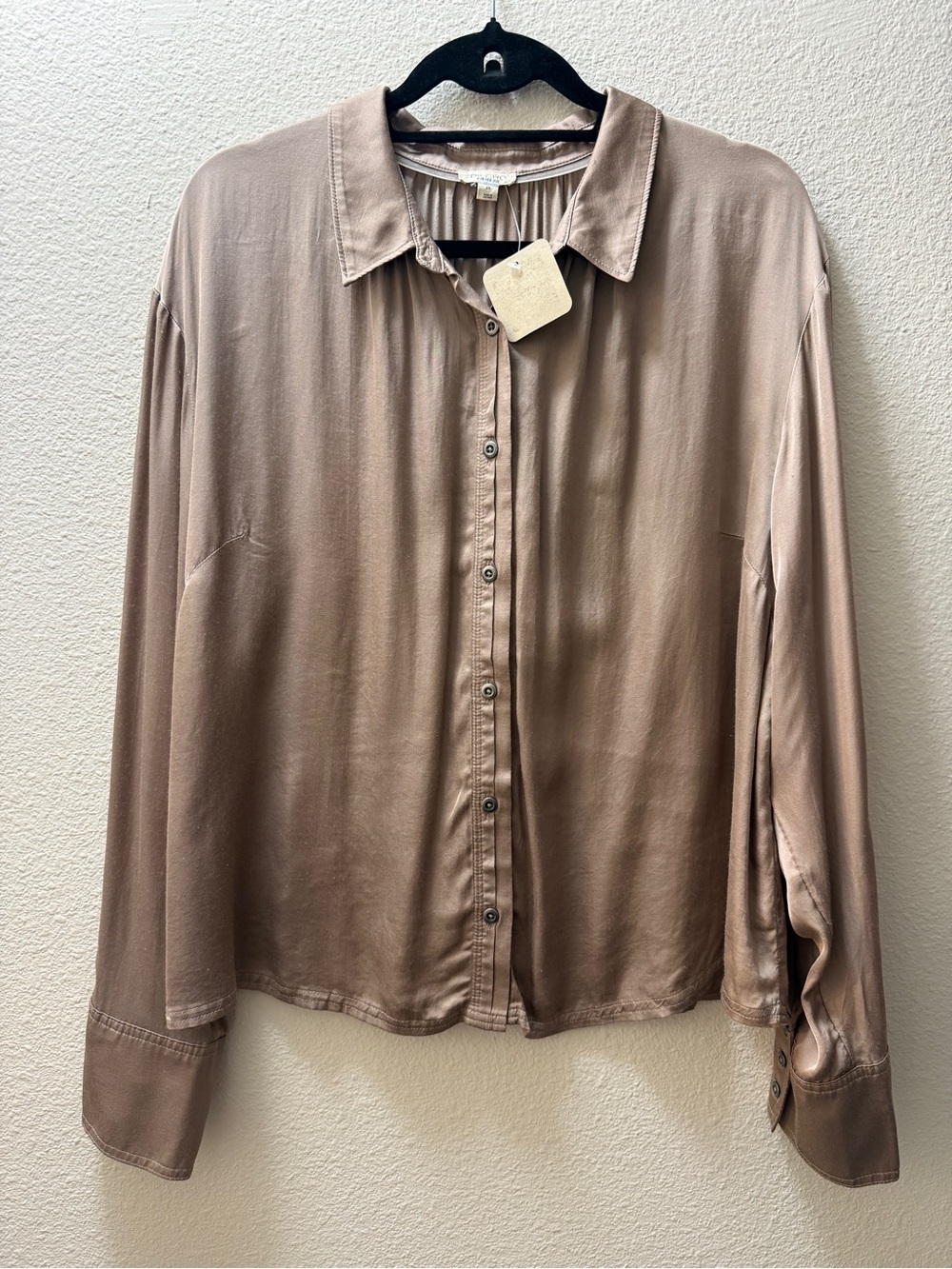 Pilcro Womens Blouse 2X Taupe Satin Viscose Button-Up Collared Long Sleeve